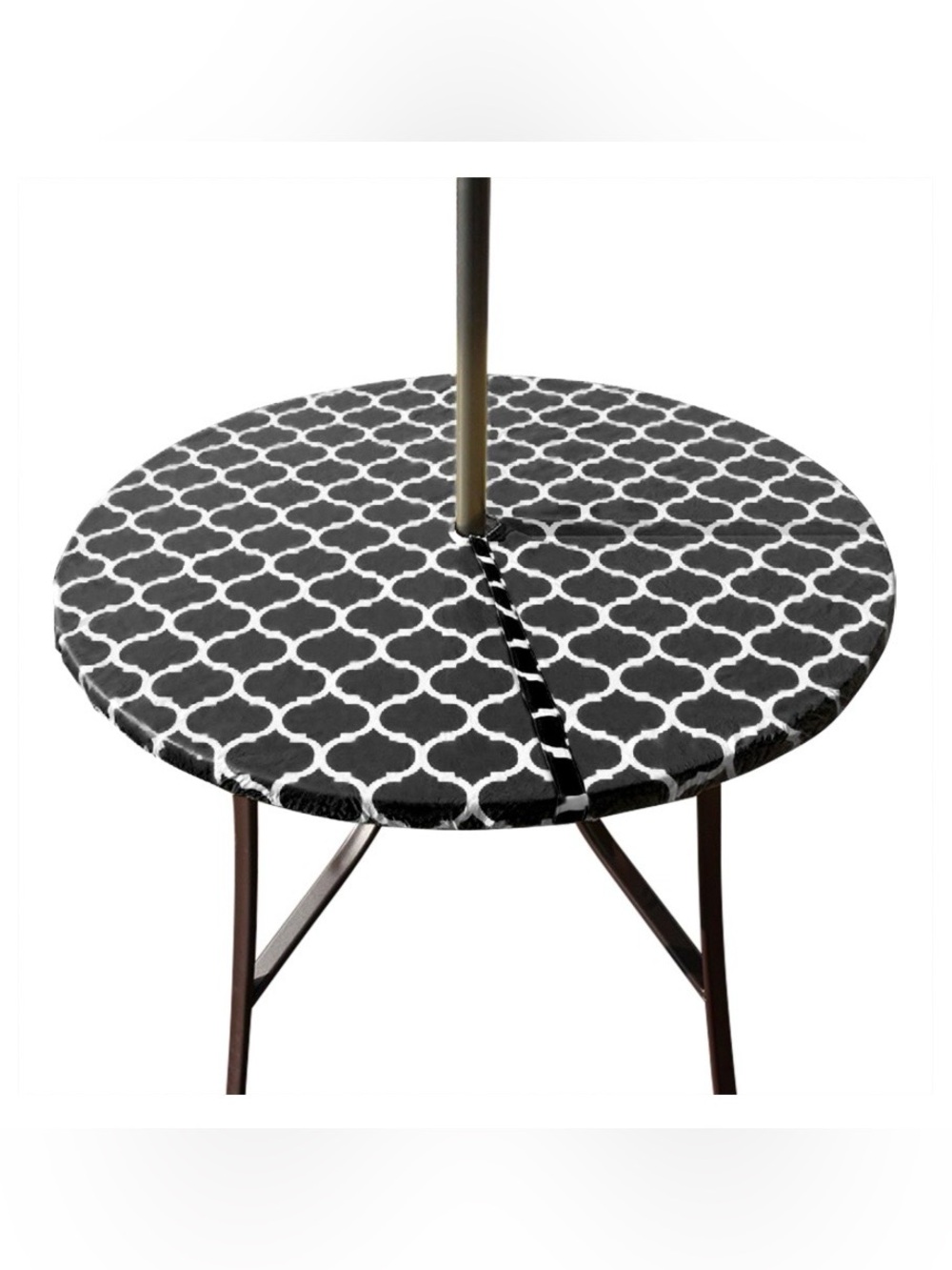 Outdoor Vinyl Tablecloth with Umbrella Hole Waterproof 40-44” ROUND BLACK WHITE